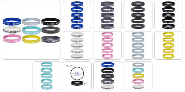 5 PACK "TYPE 1 DIABETIC" Medical Alert ID Silicone Bracelet Wristbands ADULT SIZE (8 Inches)