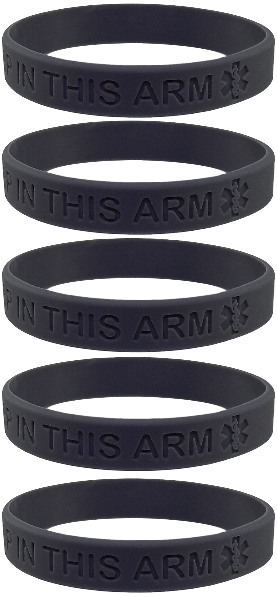 "No Needles or BP in This Arm" Medical Alert Silicone Wristbands for Adults - 5 Pack, Multiple Colors, 8 Inches - Max Petals