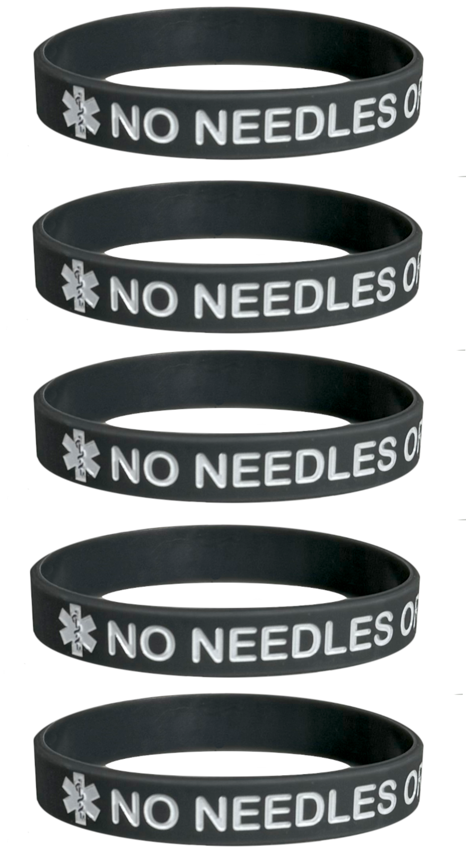 "No Needles or BP in This Arm" Medical Alert Silicone Wristbands for Adults - 5 Pack, Multiple Colors, 8 Inches - Max Petals