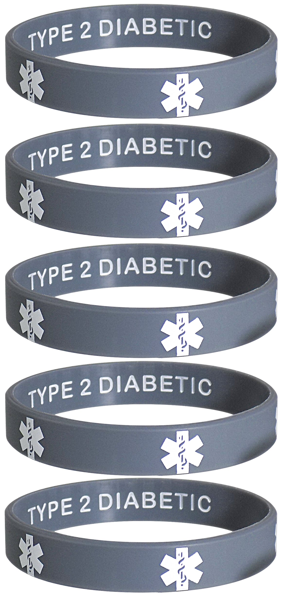 Type 2 Diabetic Medical Alert ID Privacy Enhanced Silicone Bracelets Wristbands 5 Pack