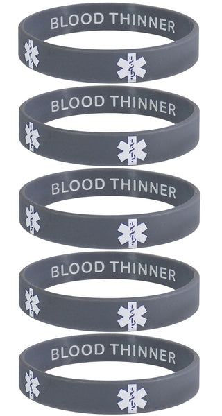 BLOOD THINNER Medical Alert ID Privacy Enhanced Silicone Bracelets Wristbands 5 Pack