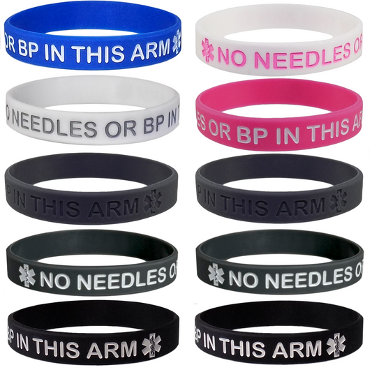 "No Needles or BP in This Arm" Medical Alert Silicone Wristbands for Adults - 5 Pack, Multiple Colors, 8 Inches - Max Petals