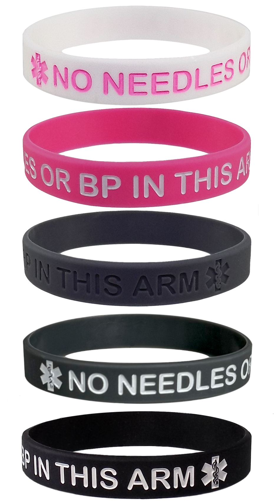 "No Needles or BP in This Arm" Medical Alert Silicone Wristbands for Adults - 5 Pack, Multiple Colors, 8 Inches - Max Petals