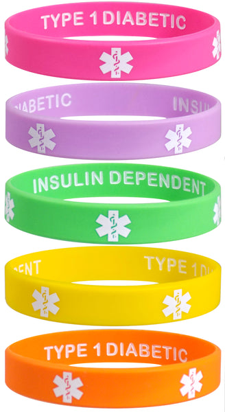 5 Pack- TYPE 1 DIABETIC INSULIN DEPENDENT Silicone Wristbands Privacy Enhanced Fun Colors