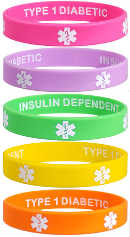 5 Pack - TYPE 1 DIABETIC INSULIN DEPENDENT Silicone Wristbands Privacy Enhanced Fun Colors