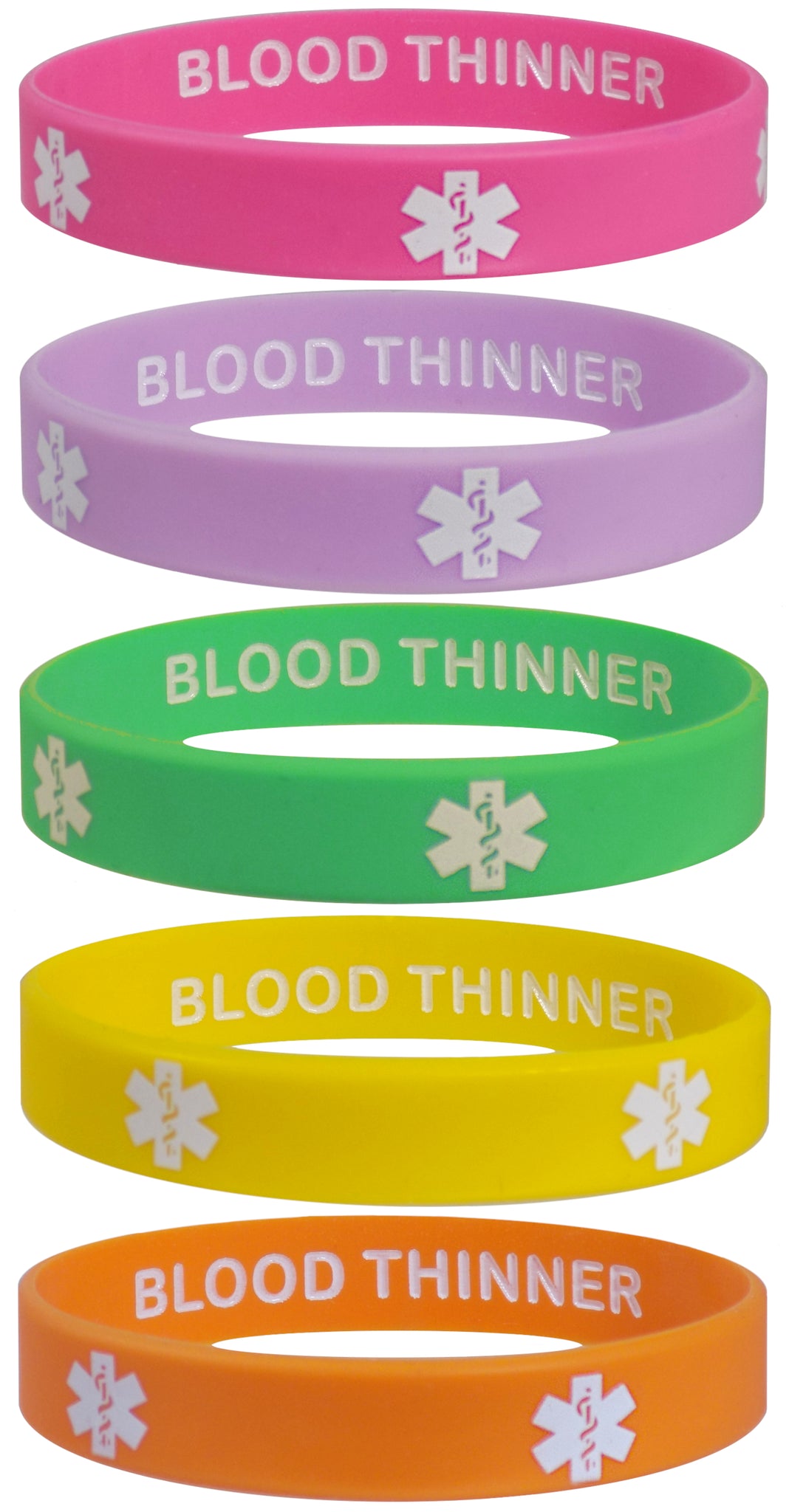 BLOOD THINNER Medical Alert ID Privacy Enhanced Silicone Bracelets Wristbands 5 Pack Fun Colors