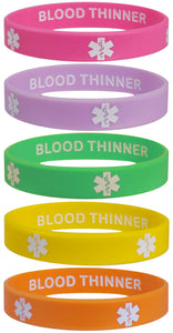 BLOOD THINNER Medical Alert ID Privacy Enhanced Silicone Bracelets Wristbands 5 Pack Fun Colors