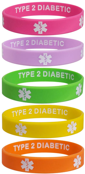 5 Pack- TYPE 2 DIABETIC Silicone Wristbands Privacy Enhanced Fun Colors