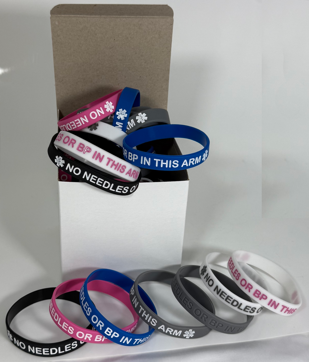 "No Needles or BP In This Arm" Bulk Medical Alert Wristbands - 25-Count Package for Clinics & Dialysis Centers