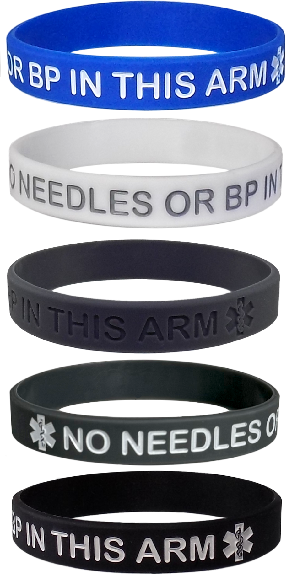 "No Needles or BP in This Arm" Medical Alert Silicone Wristbands for Adults - 5 Pack, Multiple Colors, 8 Inches - Max Petals