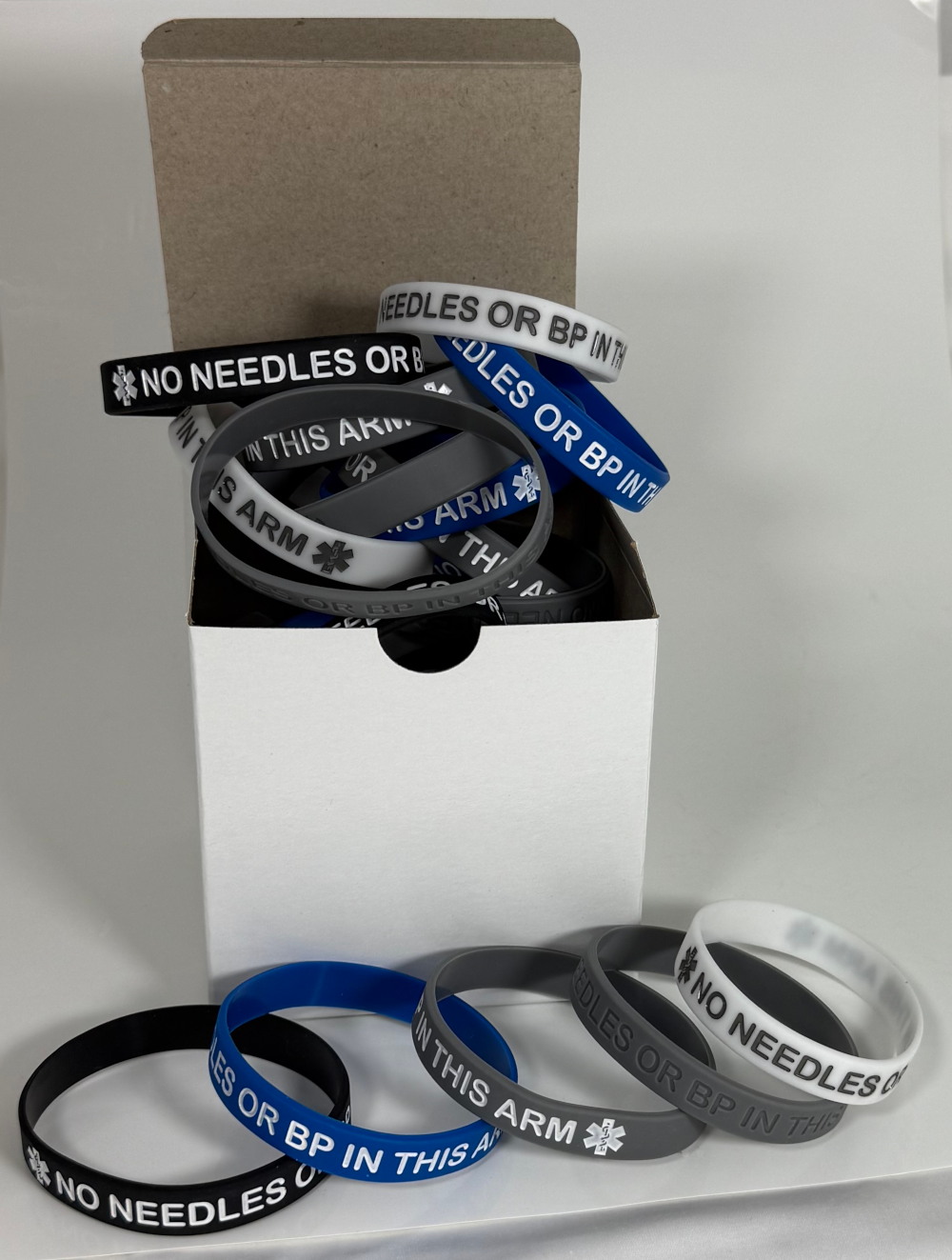 "No Needles or BP In This Arm" Bulk Medical Alert Wristbands - 25-Count Package for Clinics & Dialysis Centers