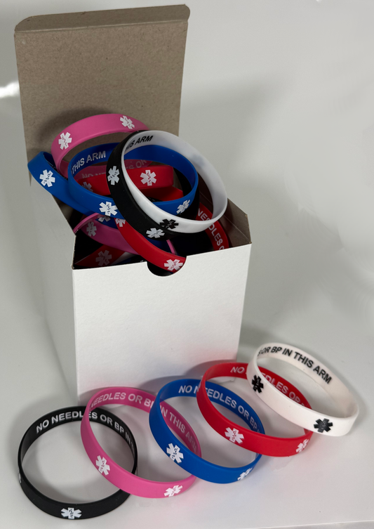 "No Needles or BP In This Arm" Discreet Bulk Medical Alert Wristbands - 25-Count Package for Clinics & Dialysis Centers