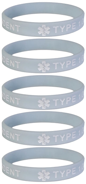 5 PACK "TYPE 1 DIABETIC" Medical Alert ID Silicone Bracelet Wristbands ADULT SIZE (8 Inches)