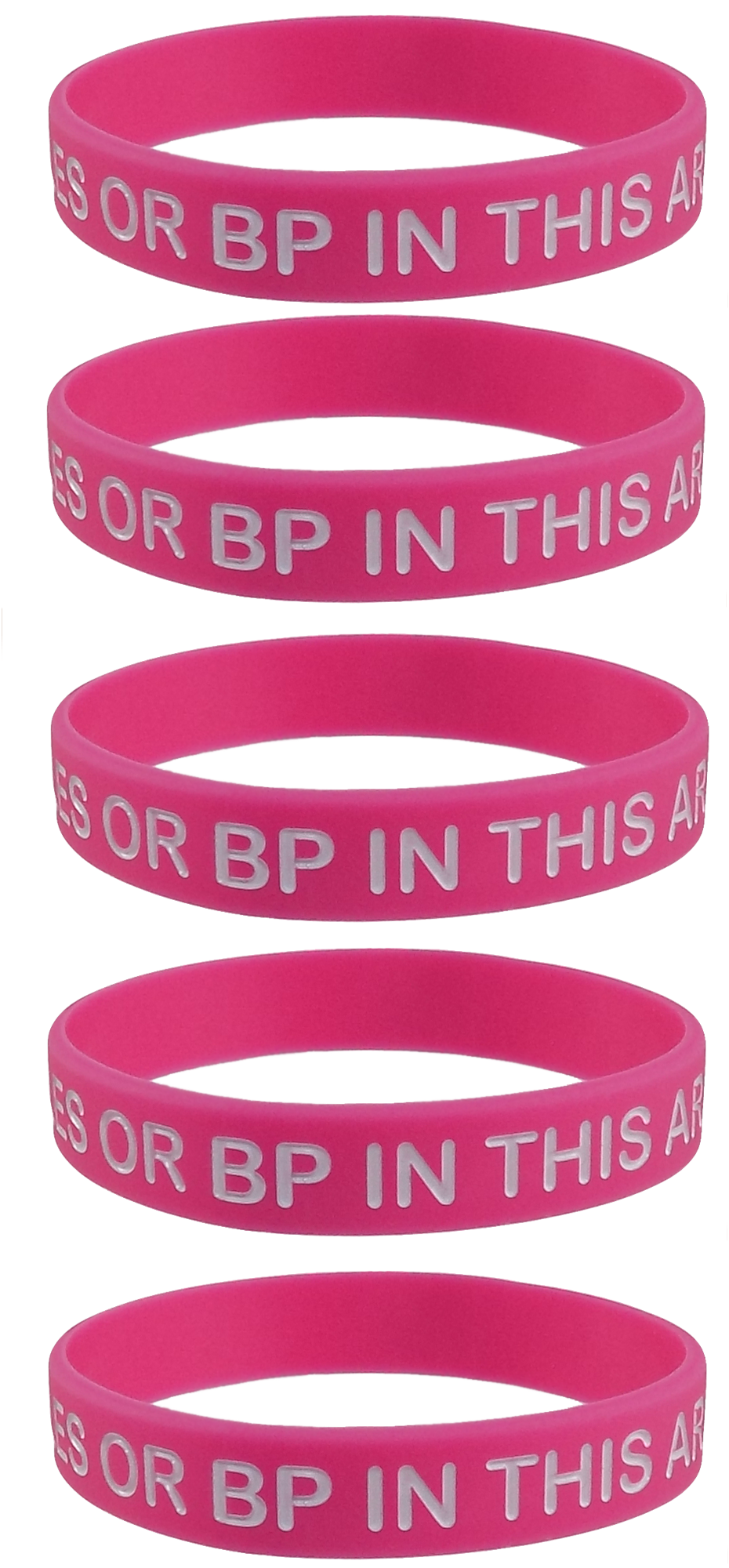"No Needles or BP in This Arm" Medical Alert Silicone Wristbands for Adults - 5 Pack, Multiple Colors, 8 Inches - Max Petals