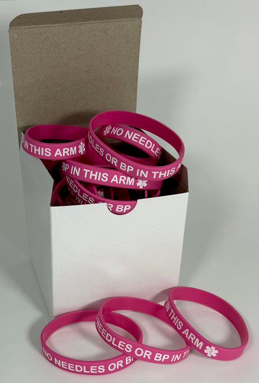 "No Needles or BP In This Arm" Bulk Medical Alert Wristbands - 25-Count Package for Clinics & Dialysis Centers