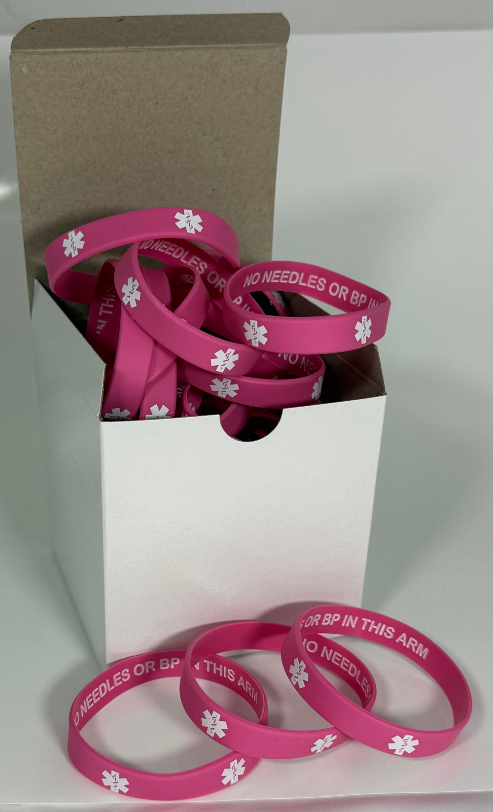 "No Needles or BP In This Arm" Discreet Bulk Medical Alert Wristbands - 25-Count Package for Clinics & Dialysis Centers
