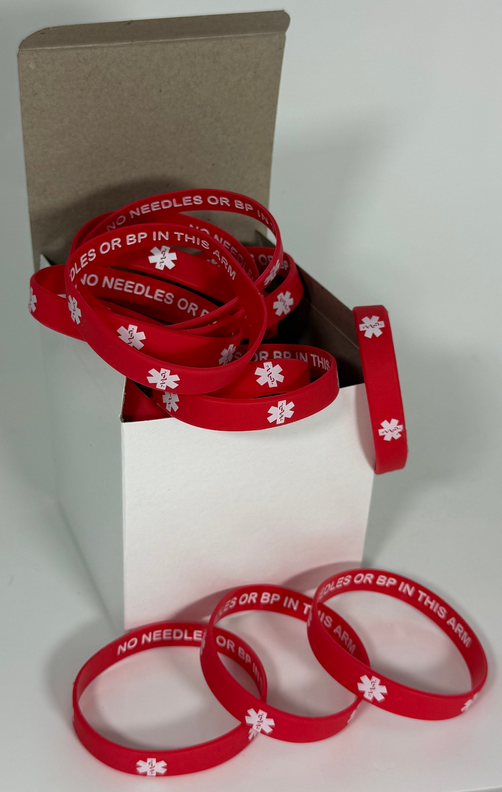 "No Needles or BP In This Arm" Discreet Bulk Medical Alert Wristbands - 25-Count Package for Clinics & Dialysis Centers