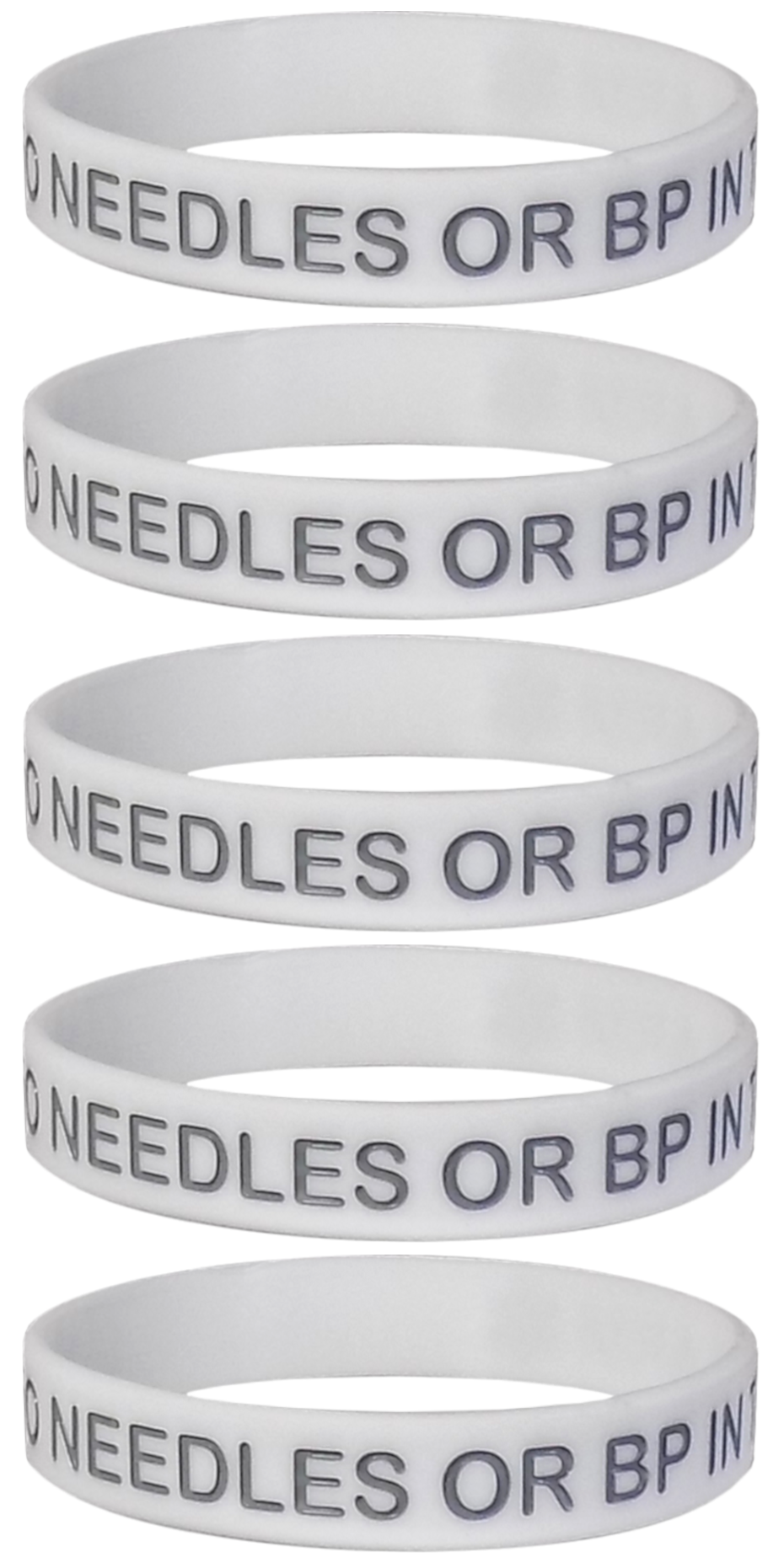 "No Needles or BP in This Arm" Medical Alert Silicone Wristbands for Adults - 5 Pack, Multiple Colors, 8 Inches - Max Petals