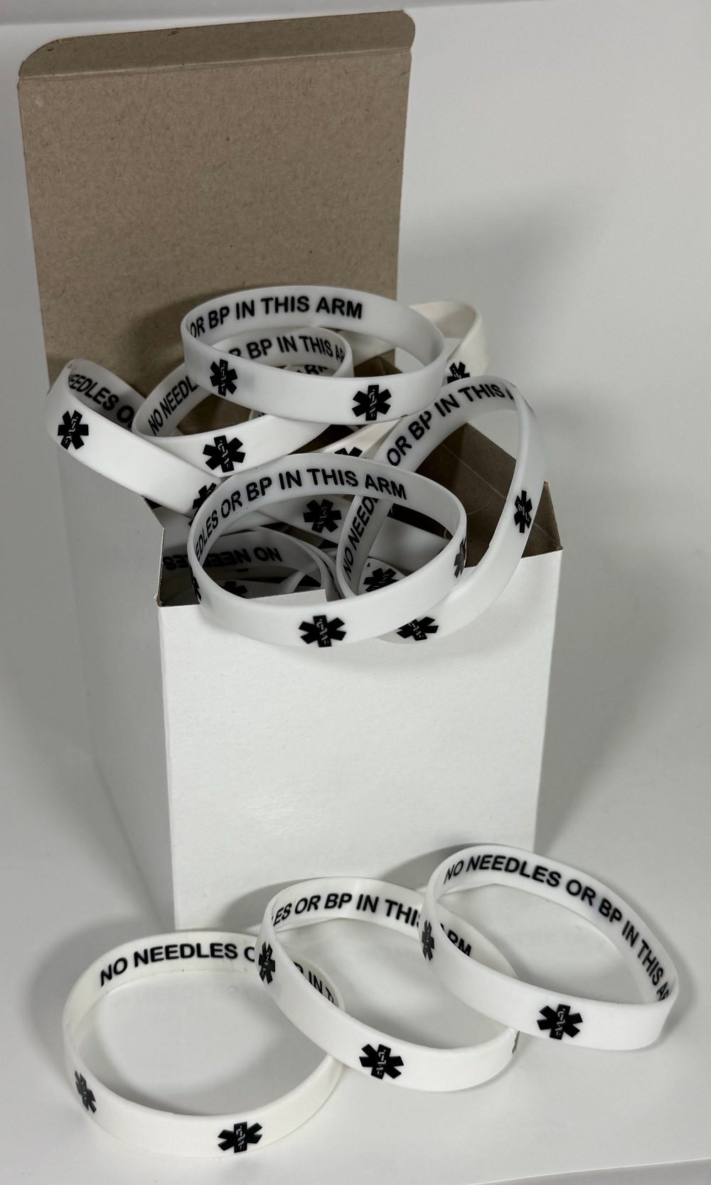 "No Needles or BP In This Arm" Discreet Bulk Medical Alert Wristbands - 25-Count Package for Clinics & Dialysis Centers