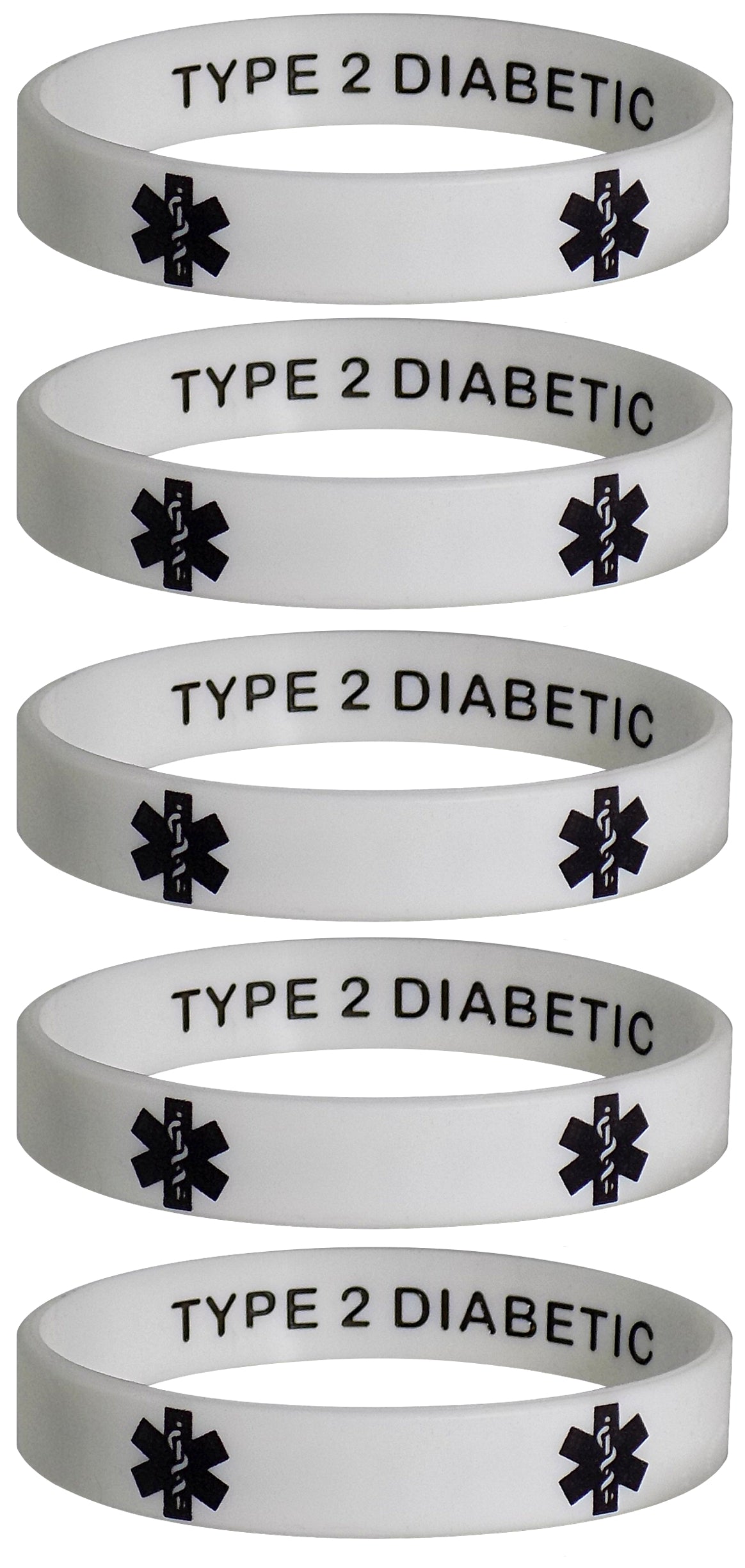 Type 2 Diabetic Medical Alert ID Privacy Enhanced Silicone Bracelets Wristbands 5 Pack