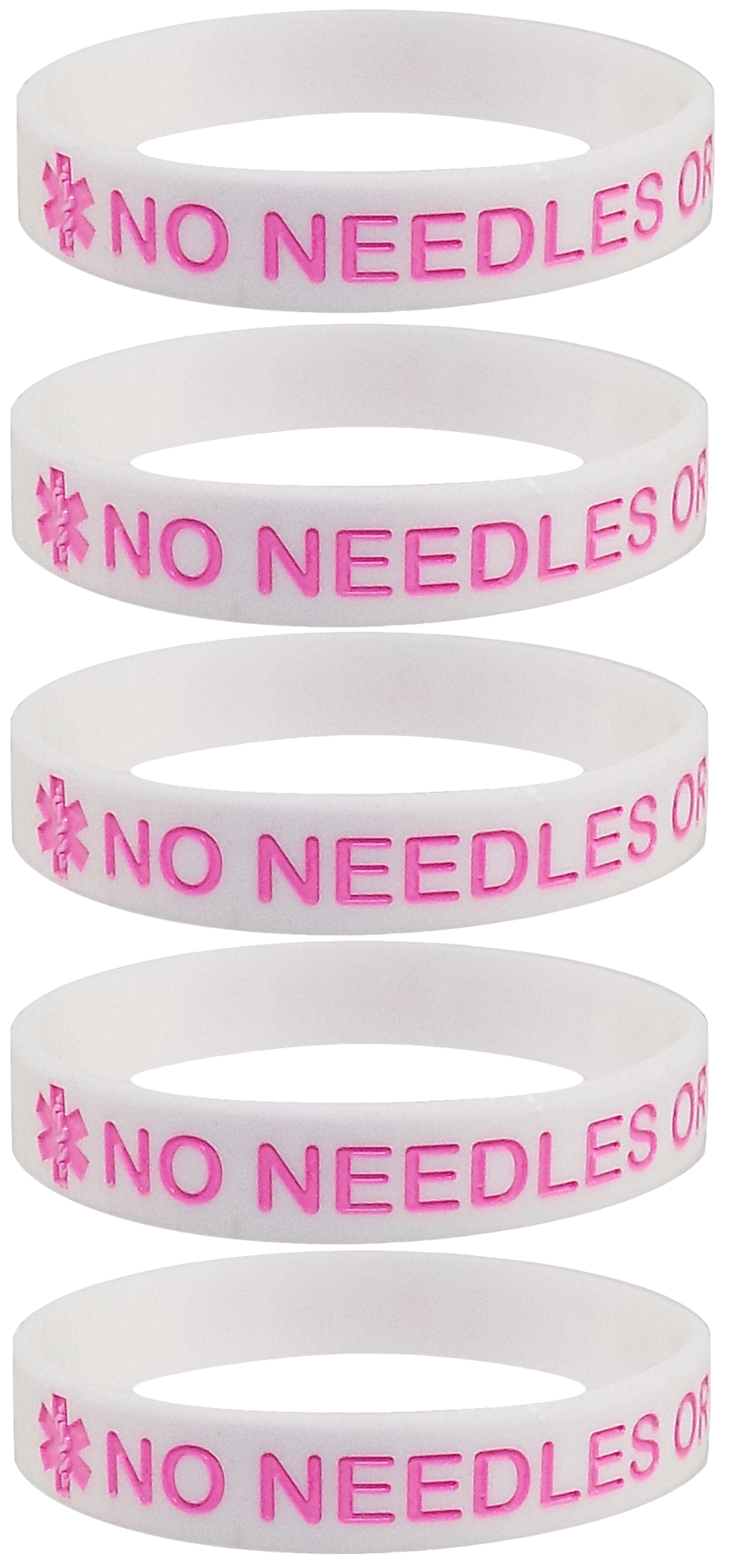 "No Needles or BP in This Arm" Medical Alert Silicone Wristbands for Adults - 5 Pack, Multiple Colors, 8 Inches - Max Petals