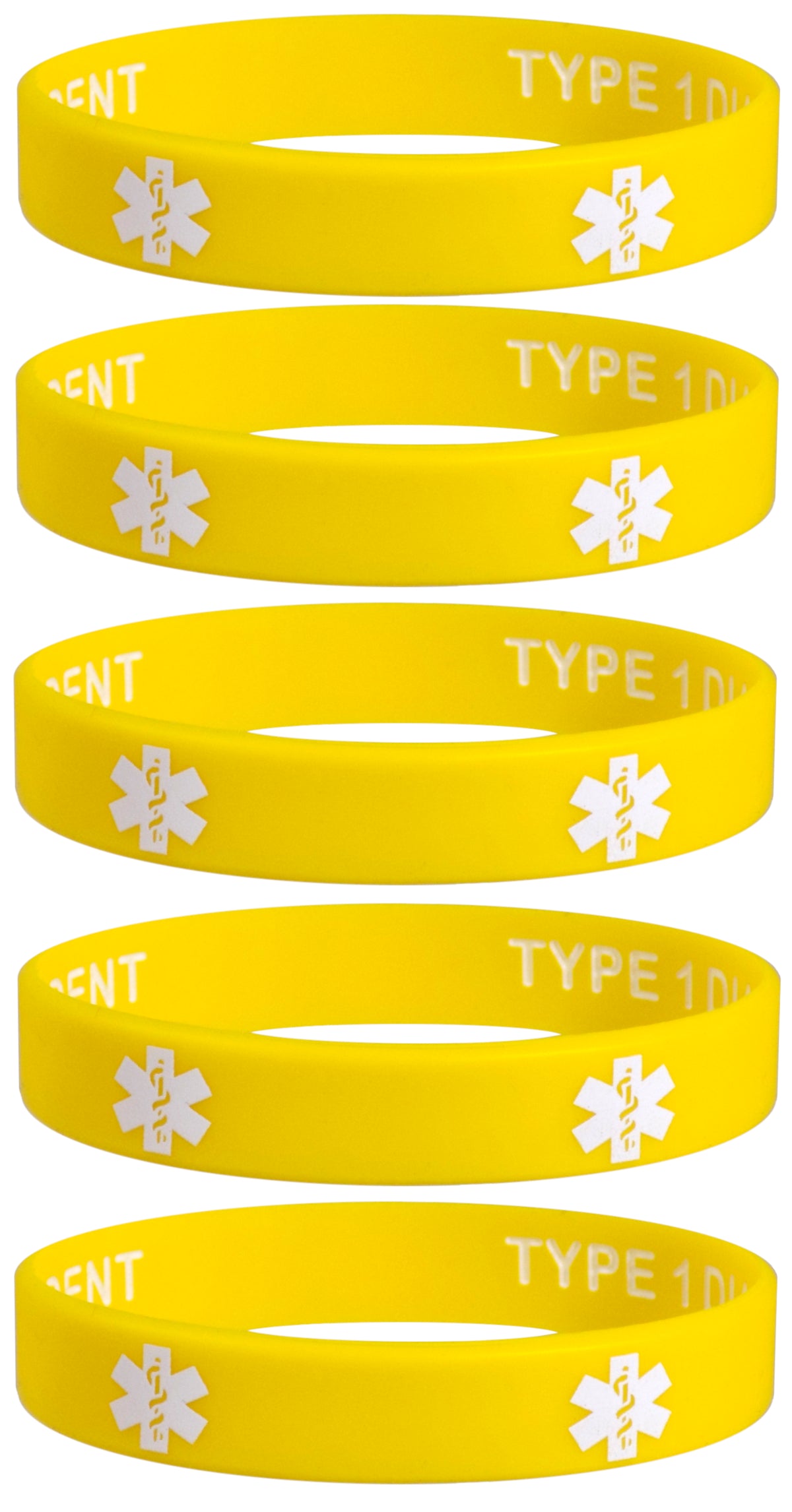5 Pack - TYPE 1 DIABETIC INSULIN DEPENDENT Silicone Wristbands Privacy Enhanced Fun Colors