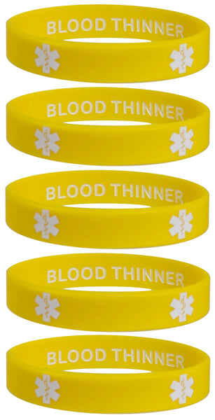 BLOOD THINNER Medical Alert ID Privacy Enhanced Silicone Bracelets Wristbands 5 Pack Fun Colors