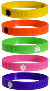 Type 1 Diabetic Insulin Dependent Medical Alert ID Privacy Silicone Bracelets Wristbands 5 Pack Fun Colors