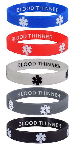 BLOOD THINNER Medical Alert ID Privacy Enhanced Silicone Bracelets Wristbands 5 Pack