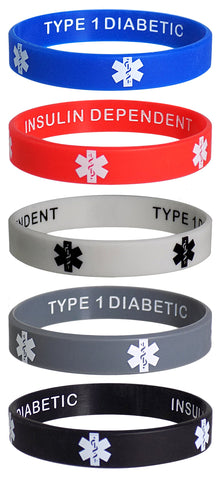 Type 1 Diabetic Insulin Dependent Medical Alert ID Privacy Enhanced Silicone Bracelets Wristbands 5 Pack