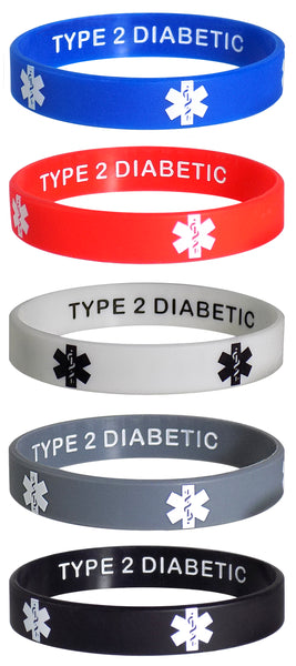 Type 2 Diabetic Medical Alert ID Privacy Enhanced Silicone Bracelets Wristbands 5 Pack