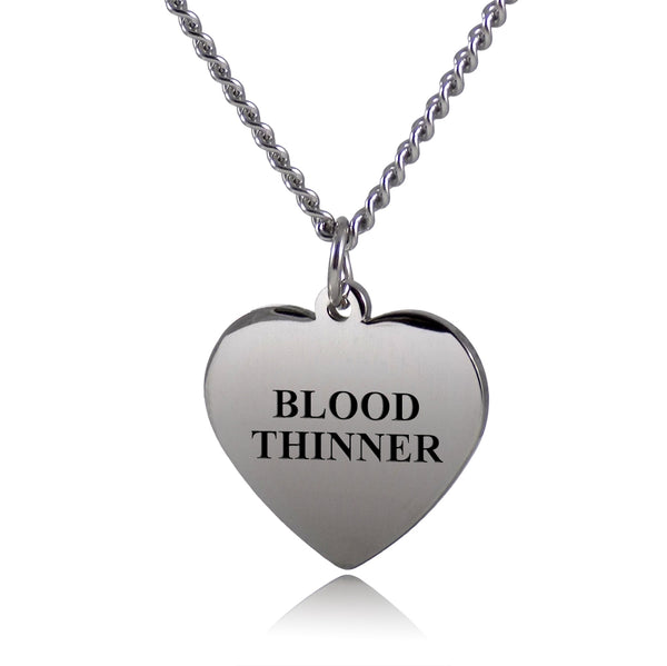 BLOOD THINNER Medical Alert ID Stainless Steel Heart Pendant Necklace with 26" Chain