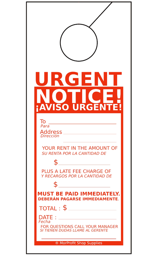 Rent Past Due Door Hanger Tags - Bilingual English And Spanish for Property Management Rentals Apartments (100 Pack)