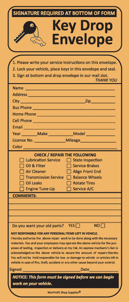 Night Drop Key Envelopes for Auto Repair Shops
