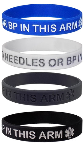 4 PACK UNISEX - Lymphedema Alert "NO NEEDLES OR BP THIS ARM" Wristbands