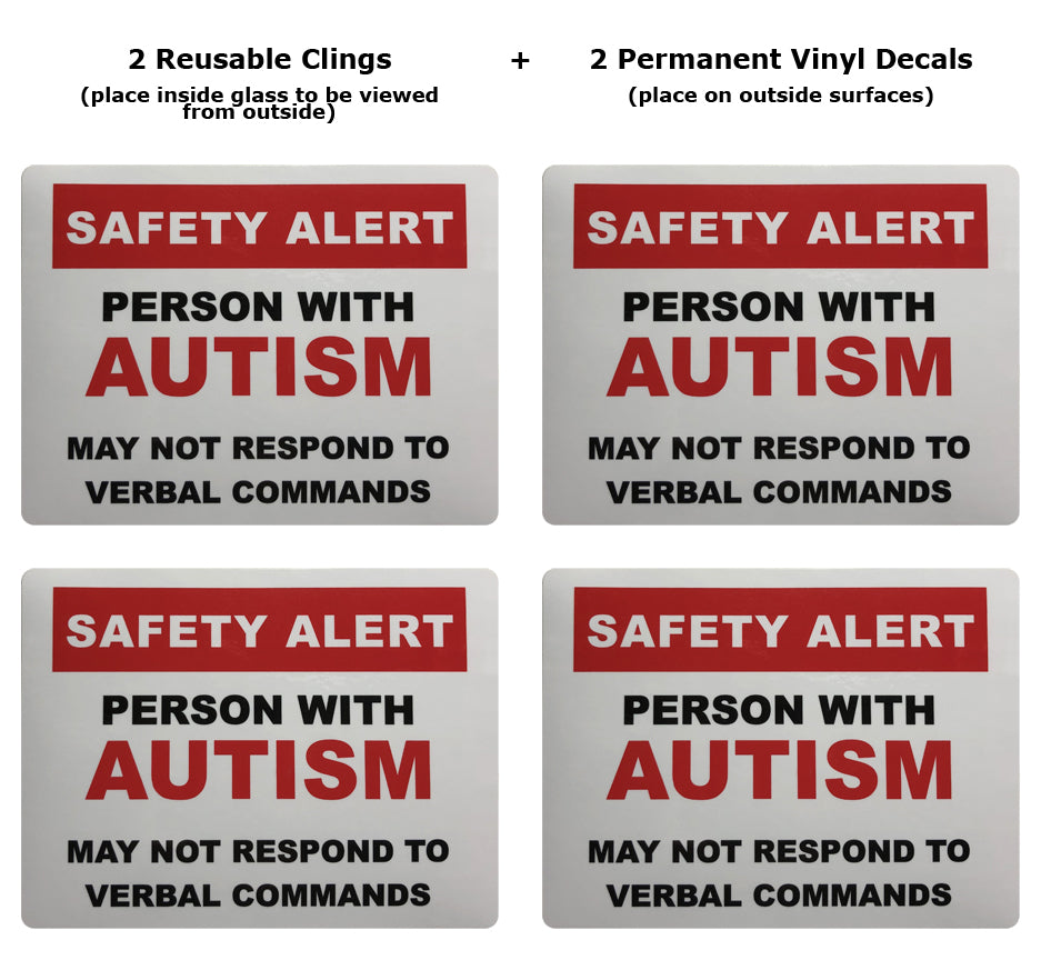 Autism Safety Alert Window Cling and Vinyl Decal (4 Pack)