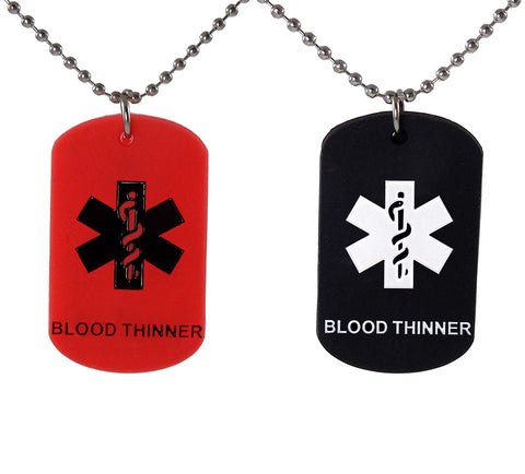 2 Pack - BLOOD THINNER Dog Tags Medical Alert Necklaces Red and Black Silicone