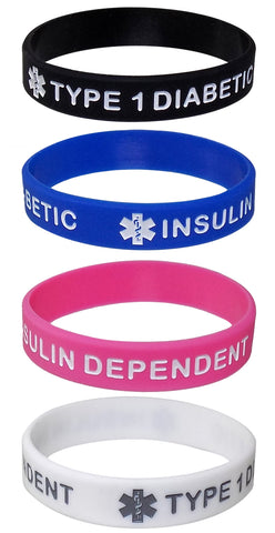 "TYPE 1 DIABETIC" Kids Sized Medical Alert ID Silicone Bracelet Wristbands 4 Pack