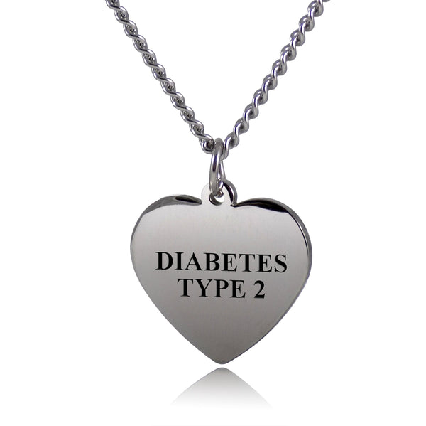 Type 2 Diabetes Necklace Medical Alert ID Stainless Steel Heart Pendant with 26" Chain