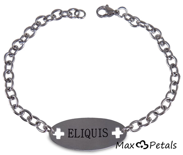 Eliquis Medical Alert ID Stainless Steel Identification Bracelet with 9 Inch Chain