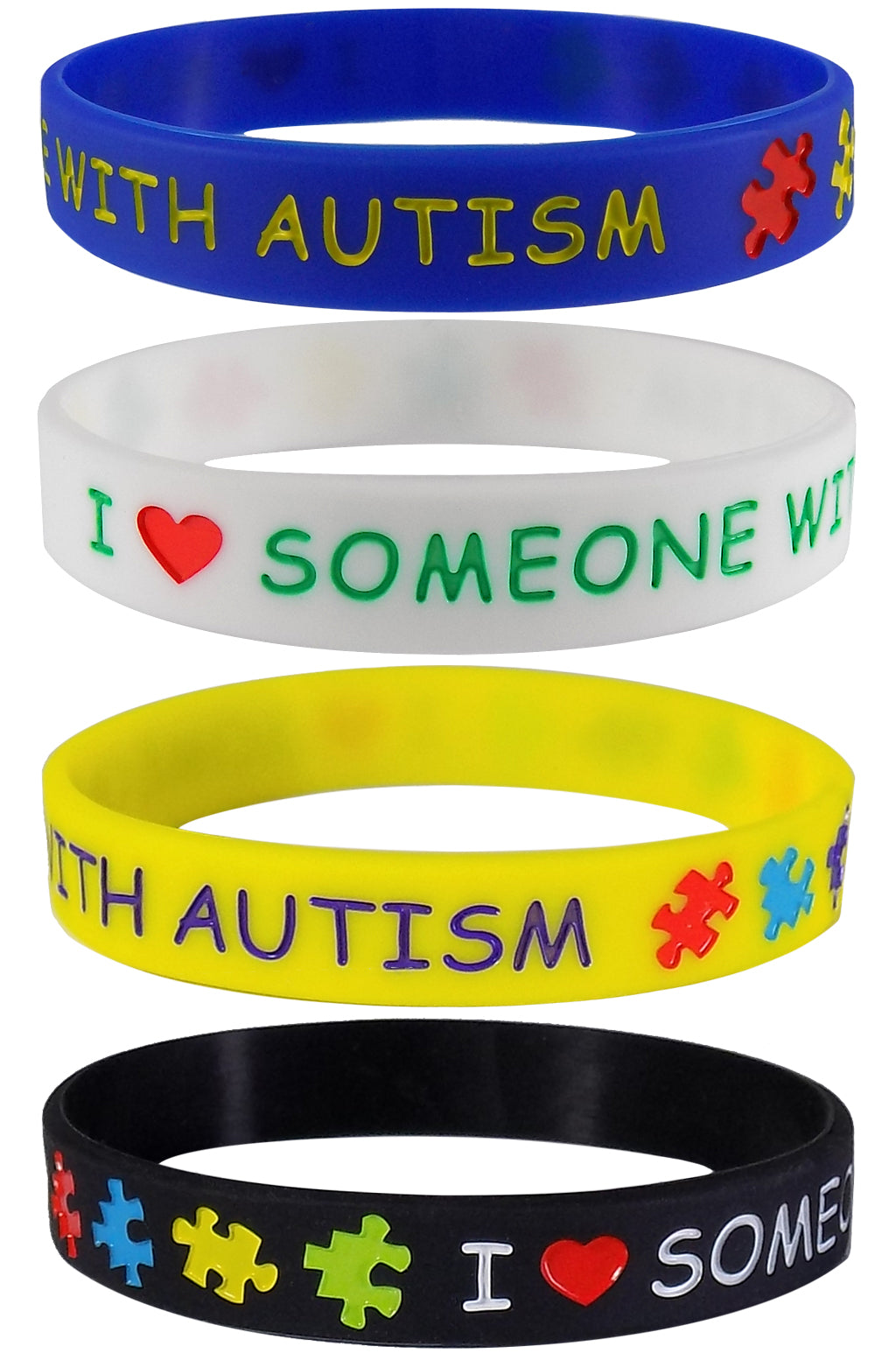"I Love Someone with Autism" Silicone Bracelets Blue, Yellow, Black and White Adult Size (4 Pack)