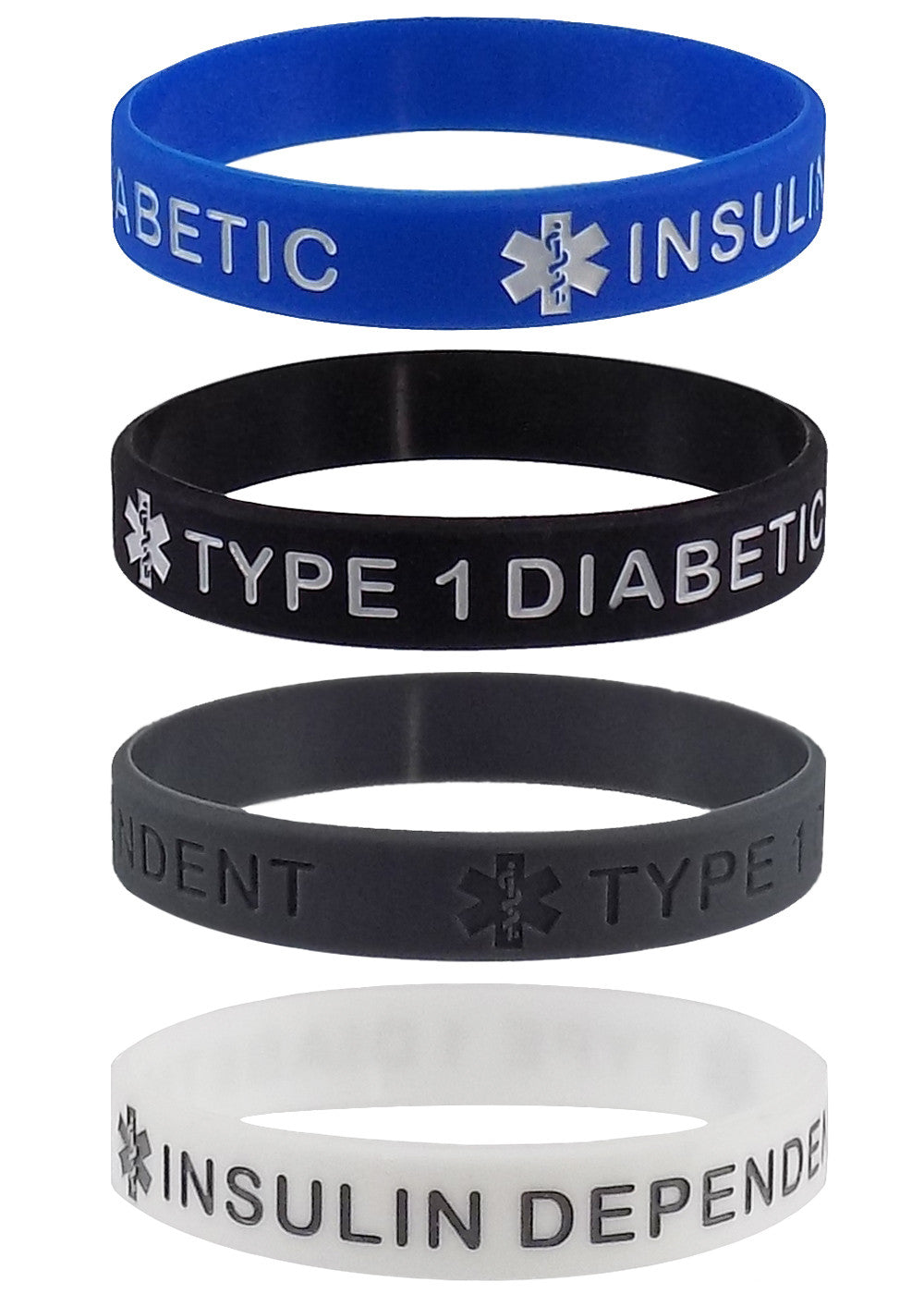 "TYPE 1 DIABETIC" Medical Alert ID Silicone Bracelet Wristbands 4 Pack