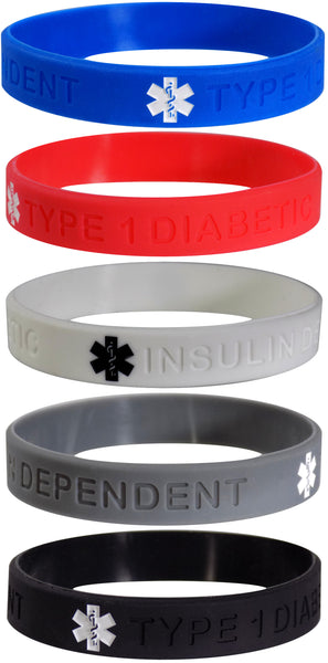 Type 1 Diabetic Insulin Dependent Medical Alert ID Privacy Silicone Bracelets Wristbands 5 Pack Standard Colors
