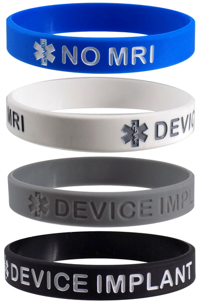 'NO MRI  DEVICE IMPLANT' Medical Alert ID Silicone Bracelet Wristbands 4 Pack