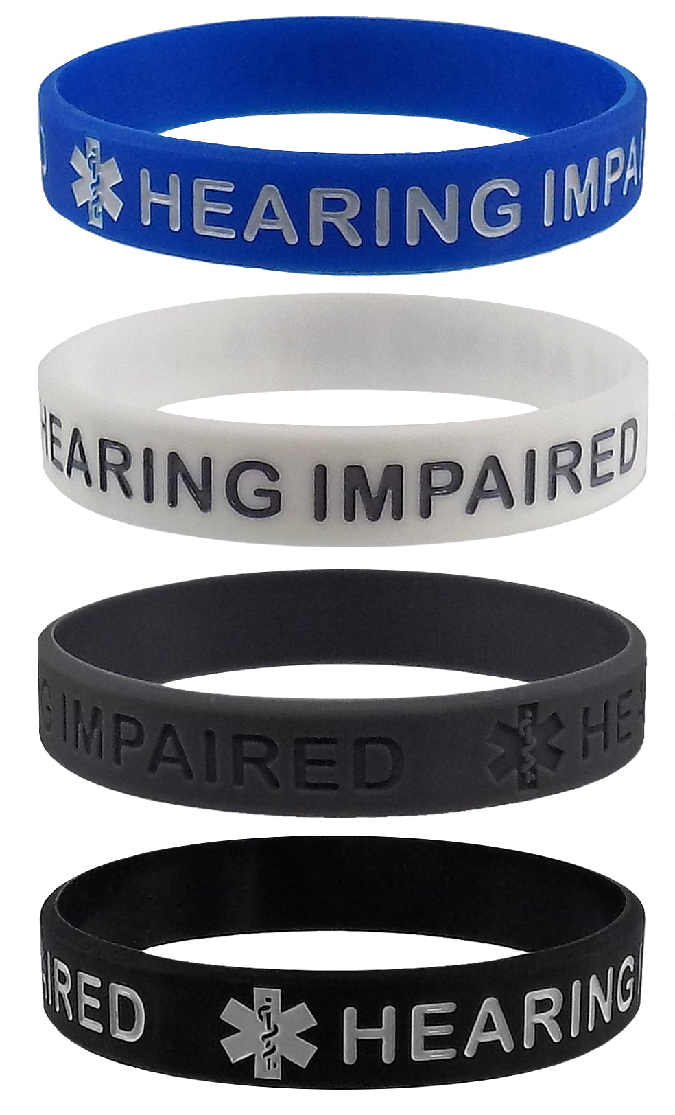 "HEARING IMPAIRED" Medical Alert ID Silicone Bracelet Wristbands 4 Pack