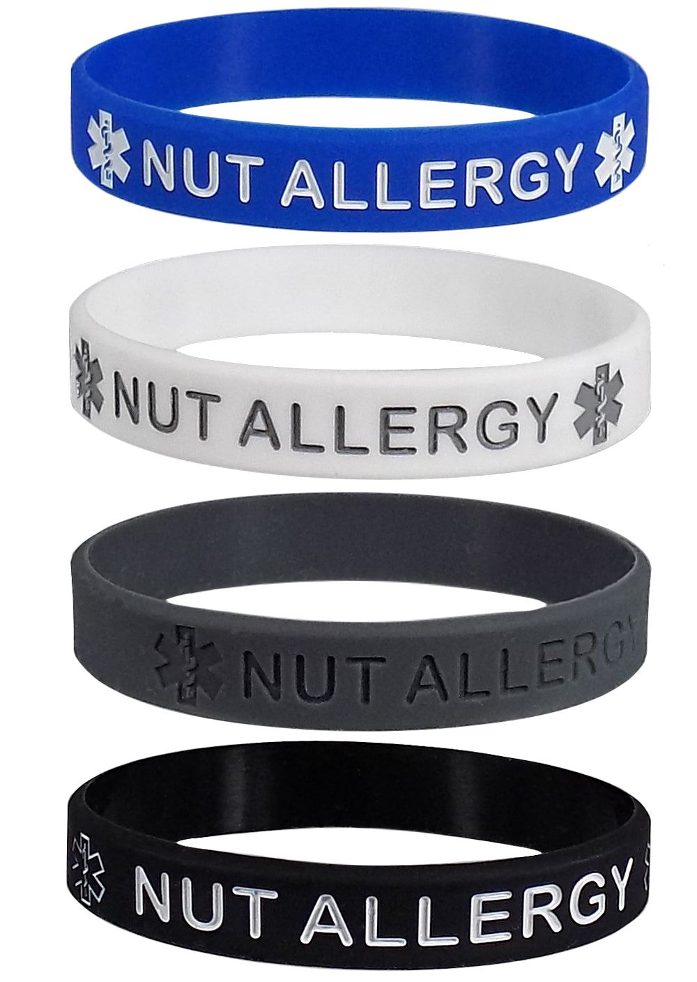 "NUT ALLERGY" Silicone Wristbands - Blue, Grey, White and Black Adult Size (4 Pack)