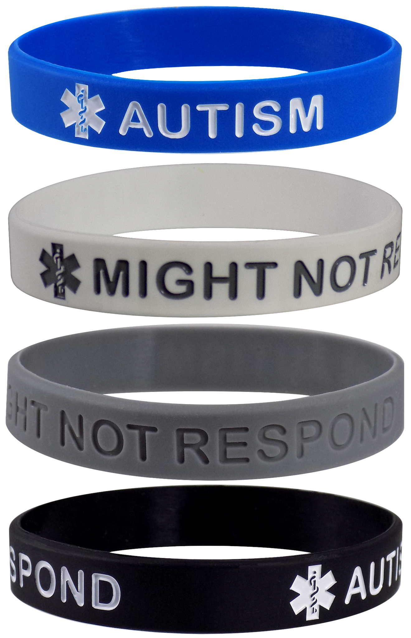 "AUTISM - MIGHT NOT RESPOND" Medical Alert ID Adult Size Silicone Bracelet Wristbands