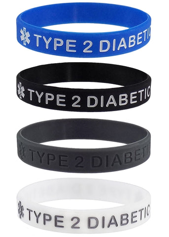 "TYPE 2 DIABETIC" Medical Alert ID Silicone Bracelet Wristbands 4 Pack Black, Blue, Grey and White