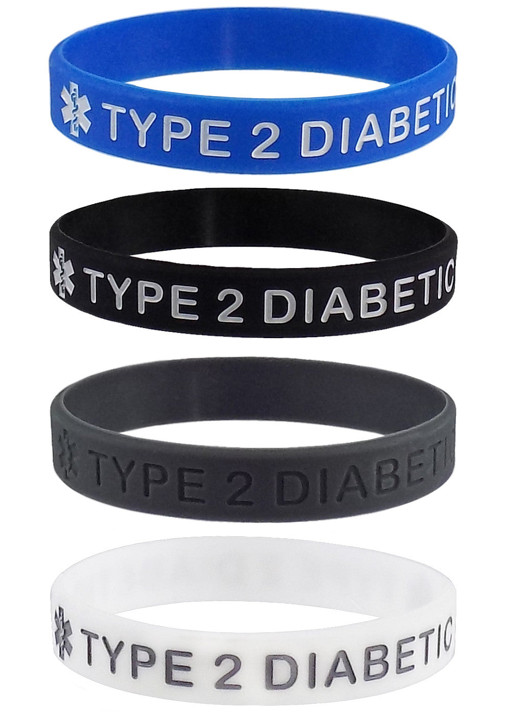 Extra Large "TYPE 2 DIABETIC" Medical Alert ID Silicone Bracelet Wristbands 4 Pack Black, Blue, Grey and White