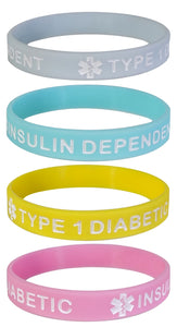 TYPE 1 DIABETIC INSULIN DEPENDENT Medical Alert ID Silicone Bracelet Wristbands Pastels 4 Pack